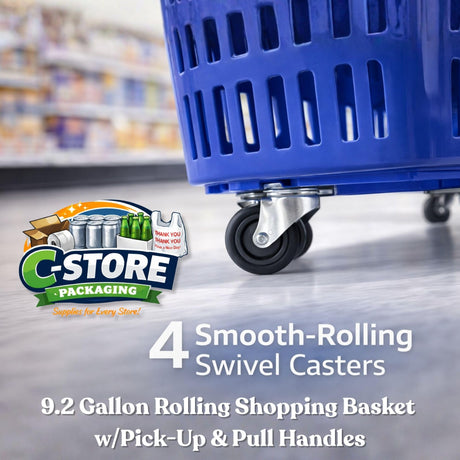 Rolling Shopping Basket with Wheels, 9.2 Gallon, Blue, Extendable Pull Handle, 60 lb Capacity