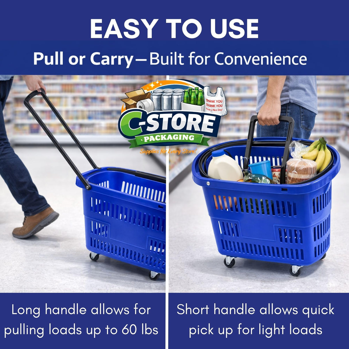 Rolling Shopping Basket with Wheels, 9.2 Gallon, Blue, Extendable Pull Handle, 60 lb Capacity
