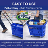 Rolling Shopping Basket with Wheels, 9.2 Gallon, Blue, Extendable Pull Handle, 60 lb Capacity
