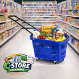 Rolling Shopping Basket with Wheels, 9.2 Gallon, Blue, Extendable Pull Handle, 60 lb Capacity
