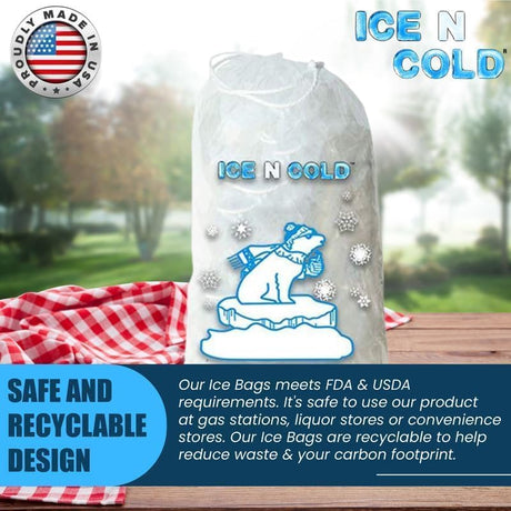 ICE N COLD® 8lb Ice Bags with Drawstring Closure | 37 mic Thickness | Portable Storage and Freezer Keeper