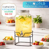 5 Liter Glass Beverage Dispenser with Black Metal Stand (1.4 Gallon) – Glass Drink Dispenser for Aguas Frescas, Lemonade, Iced Tea, Parties & Restaurants