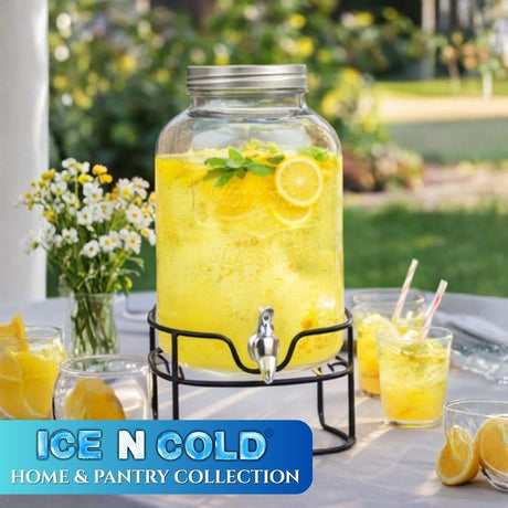 ~ 5 Liter Glass Beverage Dispenser with Black Metal Stand (1.4 Gallon) – Glass Drink Dispenser for Aguas Frescas, Lemonade, Iced Tea, Parties & Restaurants