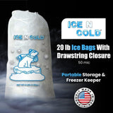 ICE N COLD® 20lb Ice Bags with Drawstring Closure | 50 mic Thickness | Portable Storage and Freezer Keeper