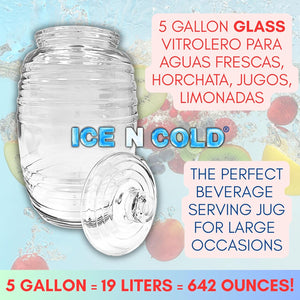 Aguas Frescas 5 Gallon Glass Juice Jug Container with Lid (19 Liters, 642 oz)
