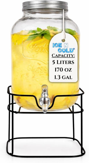 5 Liter Glass Beverage Dispenser with Black Metal Stand (1.4 Gallon) – Glass Drink Dispenser for Aguas Frescas, Lemonade, Iced Tea, Parties & Restaurants
