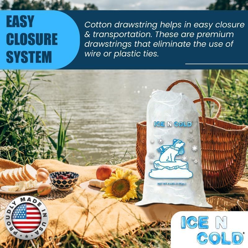 ICE N COLD® 8lb Ice Bags with Drawstring Closure | 37 mic Thickness | Portable Storage and Freezer Keeper