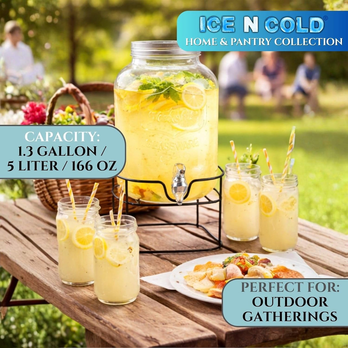 5 Liter Glass Beverage Dispenser with Black Metal Stand (1.4 Gallon) – Glass Drink Dispenser for Aguas Frescas, Lemonade, Iced Tea, Parties & Restaurants