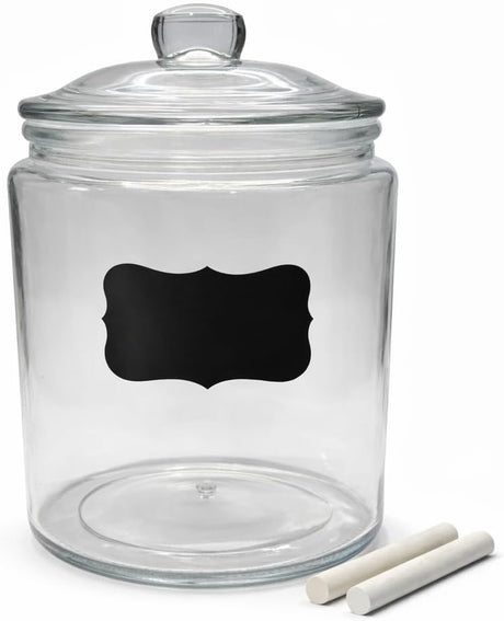 Glass Jar with Airtight Lid - Chalkboard Label & Chalk - Large Clear Kitchen Counter Jar for Cookies, Candy, Snacks, Dog Treats, Flour & Sugar Storage