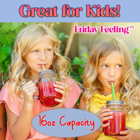 Friday Feeling 16oz Glass Mason Jar Mug with Handle, Metal Lid and Striped Straw, Beverage Container
