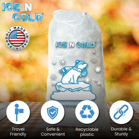 ICE N COLD® 8lb Ice Bags with Drawstring Closure | 37 mic Thickness | Portable Storage and Freezer Keeper