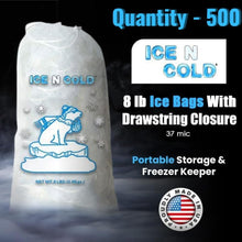Load image into Gallery viewer, ICE N COLD® 8lb Ice Bags with Drawstring Closure | 37 mic Thickness | Portable Storage and Freezer Keeper
