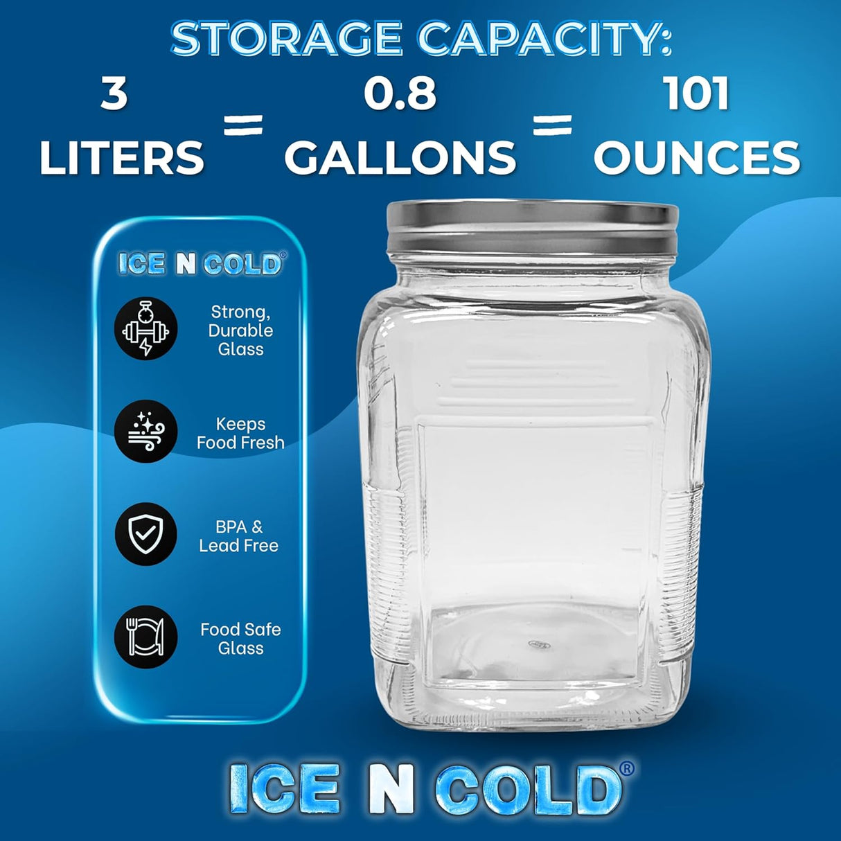 3-Liter Glass Storage Jar – 0.79 Gallon, 101 Oz, with Brushed Aluminum Lid