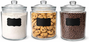 Glass Jar with Airtight Lid - Chalkboard Label & Chalk - Large Clear Kitchen Counter Jar for Cookies, Candy, Snacks, Dog Treats, Flour & Sugar Storage