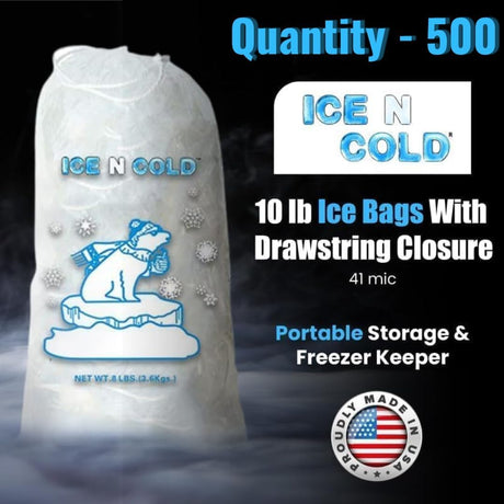 ICE N COLD® 10lb Ice Bags with Drawstring Closure | 41 mic Thickness | Portable Storage and Freezer Keeper