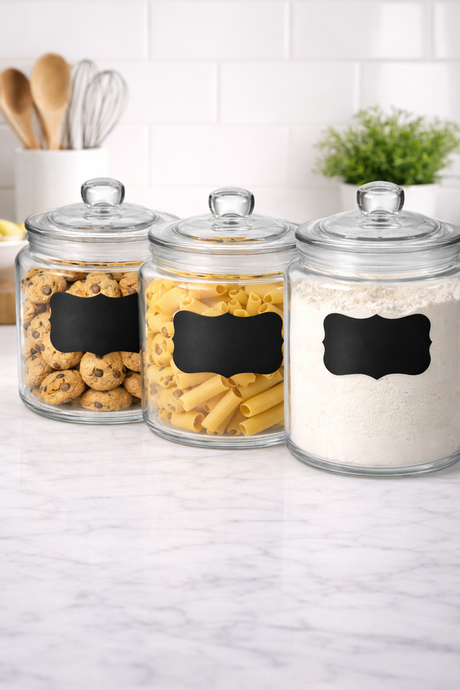 Glass Jar with Airtight Lid - Chalkboard Label & Chalk - Large Clear Kitchen Counter Jar for Cookies, Candy, Snacks, Dog Treats, Flour & Sugar Storage