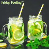 Friday Feeling 16oz Glass Mason Jar Mug with Handle, Metal Lid and Striped Straw, Beverage Container