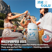 Load image into Gallery viewer, ICE N COLD® 20lb Ice Bags with Drawstring Closure | 50 mic Thickness | Portable Storage and Freezer Keeper
