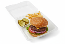 Load image into Gallery viewer, put a hamburger with lettuce tomato and onions in the largest compartment, and pickles in the second compartment, and french fries in the third compartment
