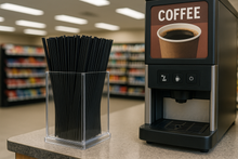 Load image into Gallery viewer, put these black stirrers in a stirrer dispenser, next to a gas station coffee machine
