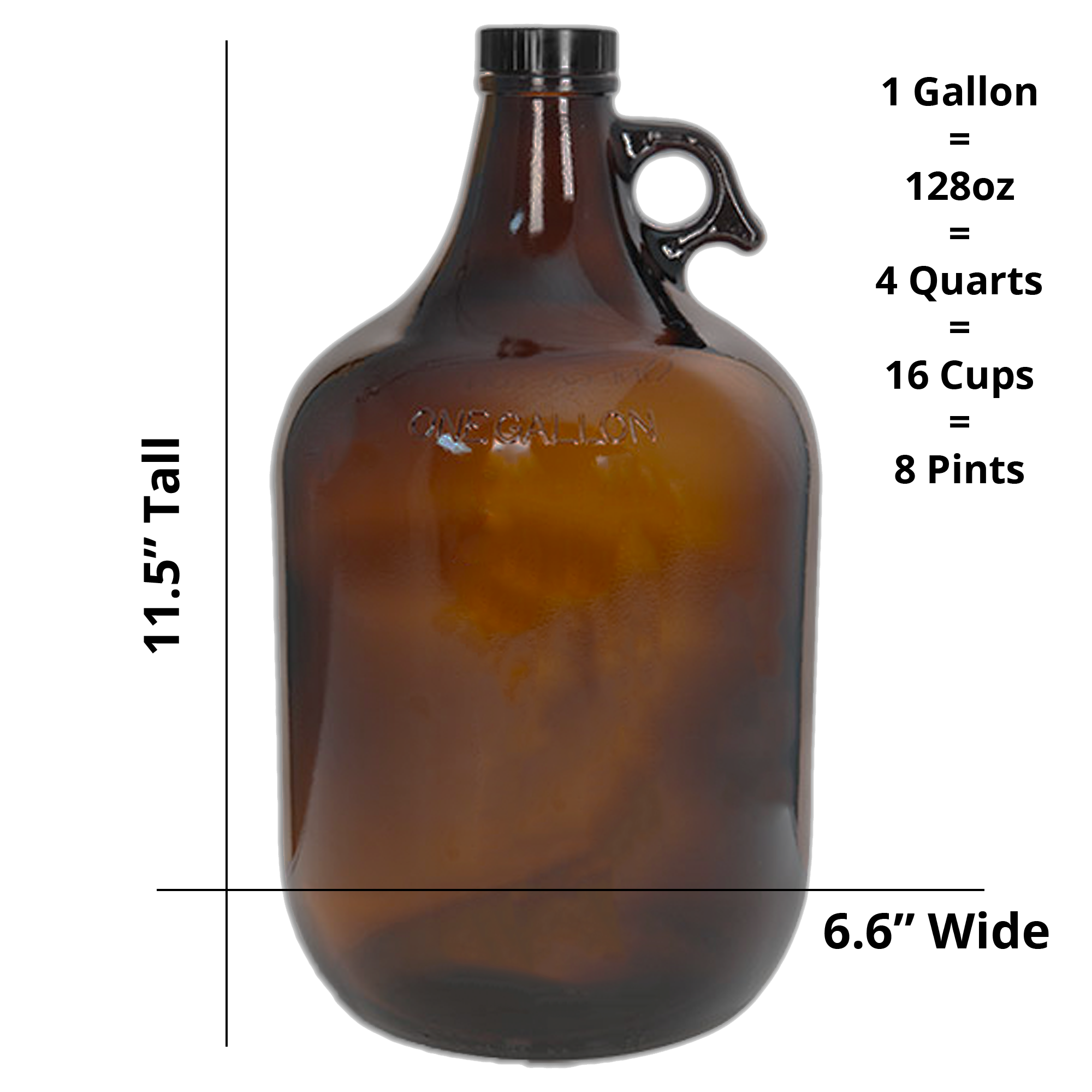 1 Gallon (128 oz) Amber Glass Jug/Growler With 38mm Black