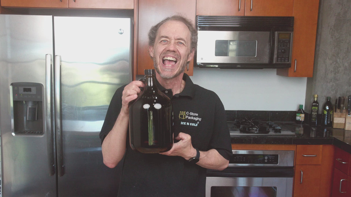 1 Gallon (128 oz) Amber Glass Jug/Growler w/ 38mm Black Polyseal Lid & Cap | Pack of 1